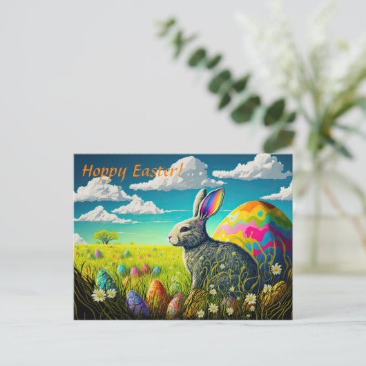 Kleurrijke paaseieren en paasbundel in beemdommen feestdagenkaart (Staand voorkant)