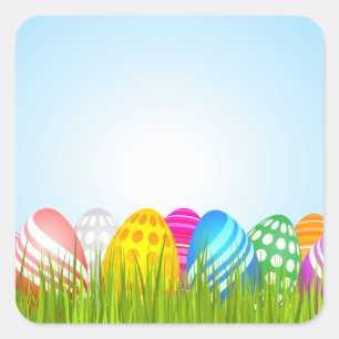 Kleurrijke Paaseieren in Gras Vierkante Sticker