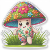 Kleurrijke paddenstoel in een weelderige tuin sticker (Voorkant)