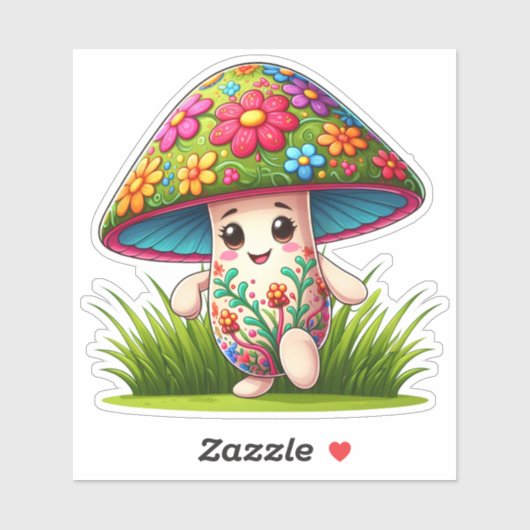 Kleurrijke paddenstoel in een weelderige tuin sticker (Vel)