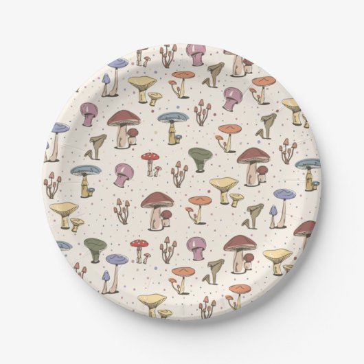 Kleurrijke paddenstoelen Doodle Patroon Papieren Bordje (Voorkant)