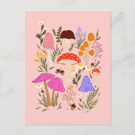 Kleurrijke paddenstoelen en natuurbloemen illustra briefkaart