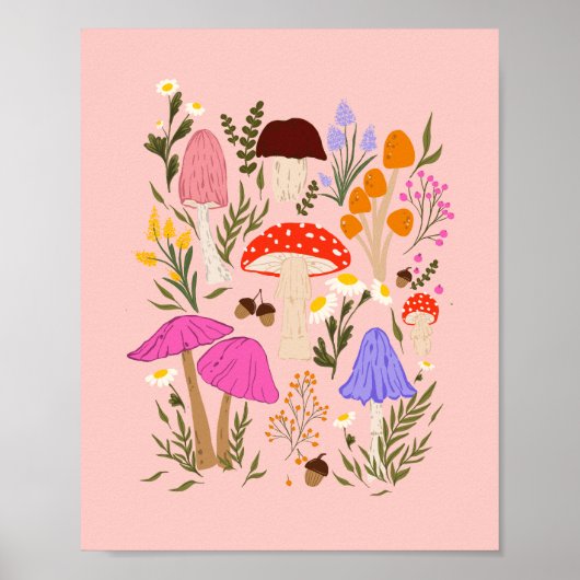 Kleurrijke paddenstoelen en natuurbloemen illustra poster (Voorkant)