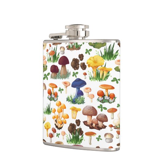 Kleurrijke paddenstoelen op wit heupfles (Links)