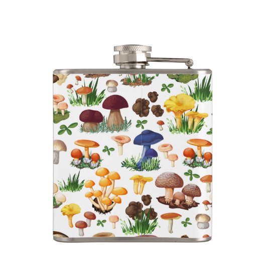 Kleurrijke paddenstoelen op wit heupfles (Achterkant)