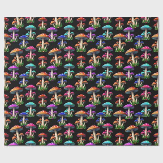 Kleurrijke paddenstoelen op zwarte achtergrond cadeaupapier (Vlak)