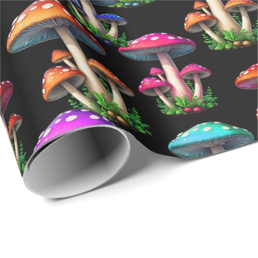 Kleurrijke paddenstoelen op zwarte achtergrond cadeaupapier (Rol Hoek)