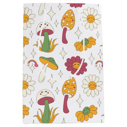 Kleurrijke Paddestoel, Regenboog en Daisies Patroo Medium Cadeauzakje (Voorkant)