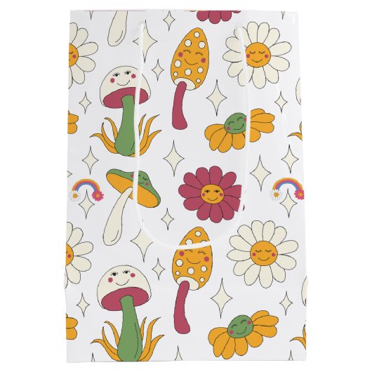 Kleurrijke Paddestoel, Regenboog en Daisies Patroo Medium Cadeauzakje (Achterkant)