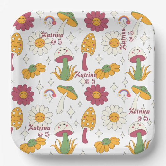 Kleurrijke Paddestoel, Regenboog en Daisies Patroo Papieren Bordje (Voorkant)