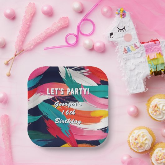 Kleurrijke Paint Effect Cool Aangepaste Verjaardag Papieren Bordje (Feest)