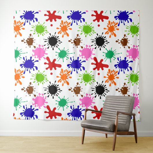 Kleurrijke Paint Spletters Patroon in Wit Wandkleed (In Situ (horizontaal))