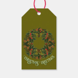 Kleurrijke Paisley Krans op Groene Kerstkaart Cadeaulabel