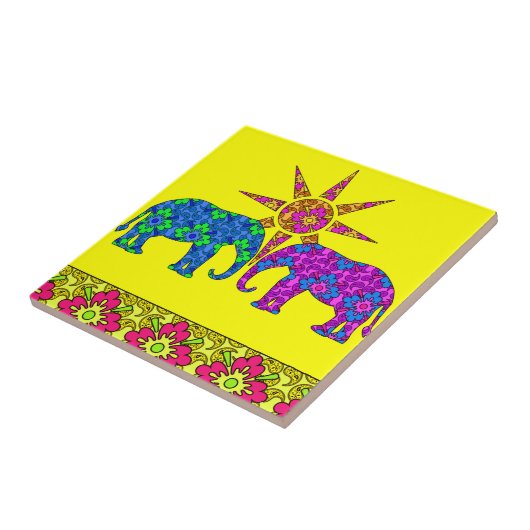 Kleurrijke Paisley Olifanten Tegel Trivet Tegeltje (Zijkant)