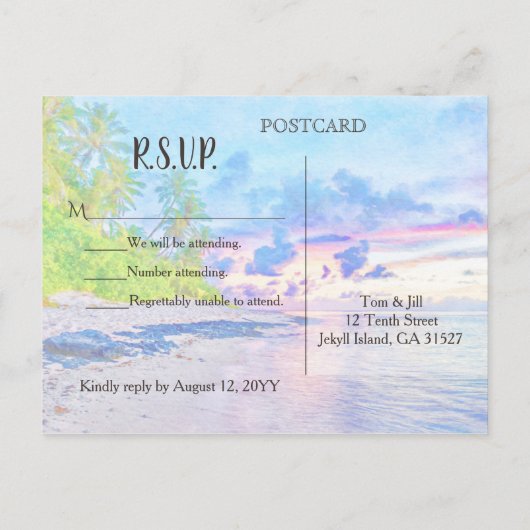 Kleurrijke Palm Beach Sunset Waterverf RSVP Uitnodiging Briefkaart (Achterkant)