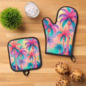 Kleurrijke palmbomen ovenwant & pannenlap set (Top down)