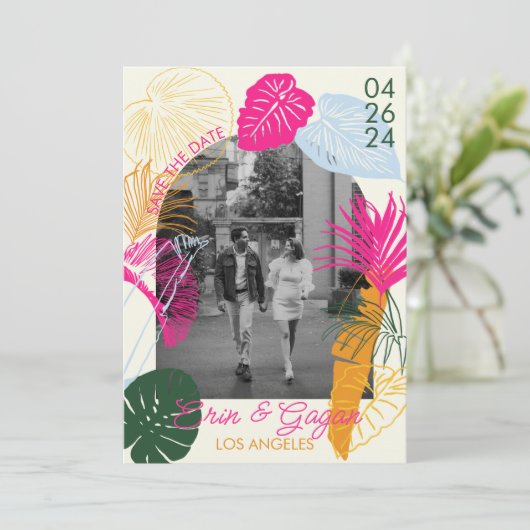 Kleurrijke palmbomen save the date (Staand voorkant)