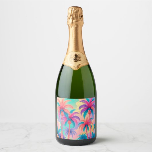 Kleurrijke palmbomen sparkling wijnetiket (Voorkant)