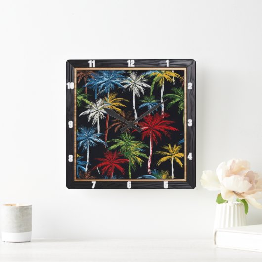 Kleurrijke palmbomen zwart vierkante klok (Huis)