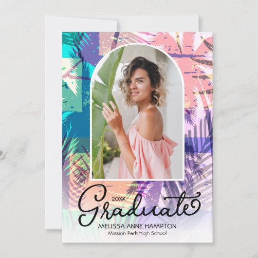 Kleurrijke Palmen Foto Afstuderen Party Uitnodigin Kaart (Voorkant)