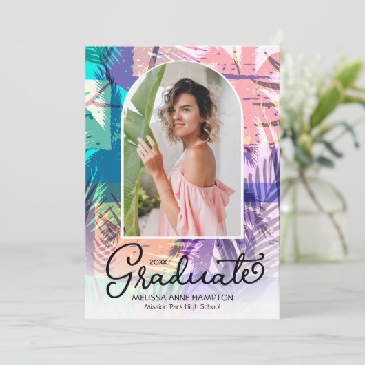 Kleurrijke Palmen Foto Afstuderen Party Uitnodigin Kaart (Staand voorkant)