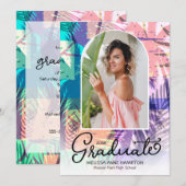 Kleurrijke Palmen Foto Afstuderen Party Uitnodigin Kaart (Voorkant / Achterkant)