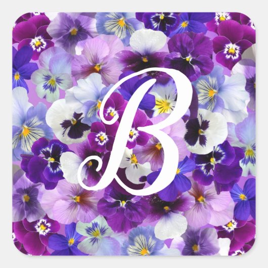 Kleurrijke Pansies Bloemen Floral Monogram Initiaa Vierkante Sticker (Voorkant)