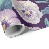 Kleurrijke pansies op diep violet cadeaupapier (Rol Hoek)