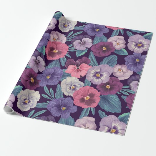 Kleurrijke pansies op diep violet cadeaupapier (Uitgerold)