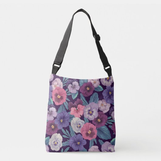Kleurrijke pansies op diep violet crossbody tas (Voorkant)