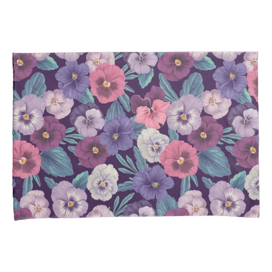 Kleurrijke pansies op diep violet kussensloop (Voorkant-Rechts)