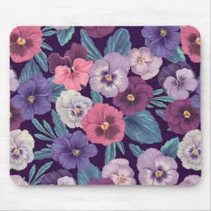 Kleurrijke pansies op diep violet muismat