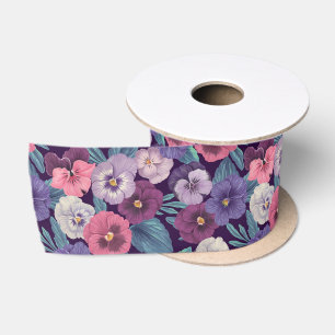 Kleurrijke pansies op diep violet satijnen lint
