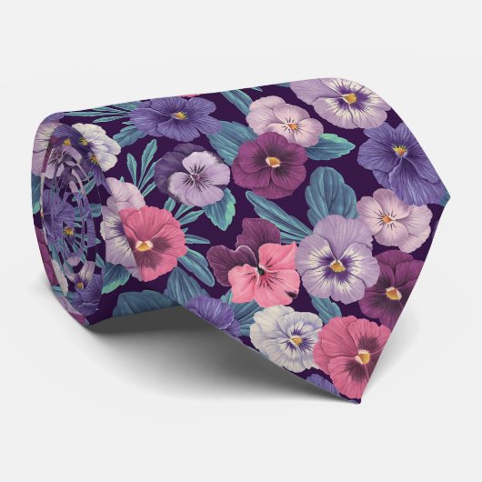 Kleurrijke pansies op diep violet stropdas (Opgerold)