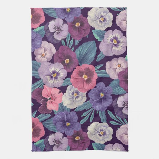 Kleurrijke pansies op diep violet theedoek (Verticaal)