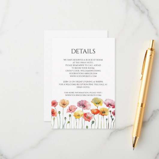 Kleurrijke papaver wilde bloemen bruiloft behuizin informatiekaartje (Voorkant / Achterkant in situ)