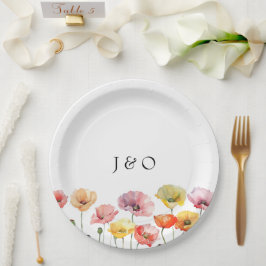 Kleurrijke papaver wilde bloemen bruiloft papieren bordje