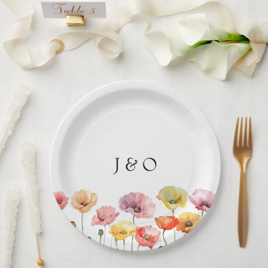 Kleurrijke papaver wilde bloemen bruiloft papieren bordje (Huwelijk)