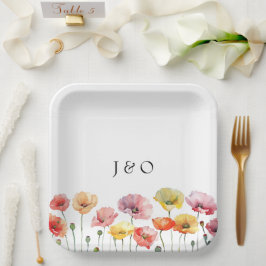 Kleurrijke papaver wilde bloemen bruiloft papieren bordje