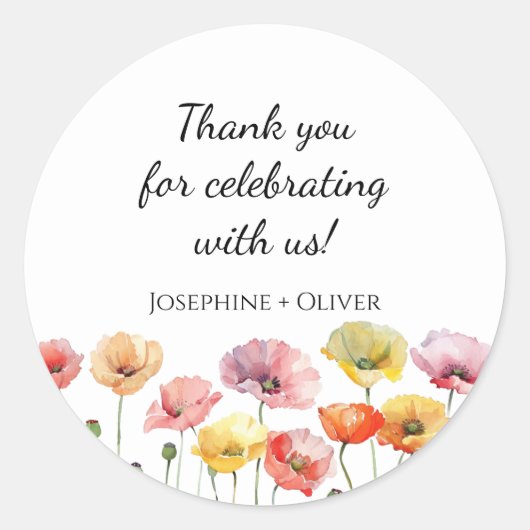 Kleurrijke papaver wilde bloemen bruiloft ronde sticker (Voorkant)