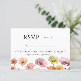 Kleurrijke papaver wilde bloemen bruiloft RSVP kaartje