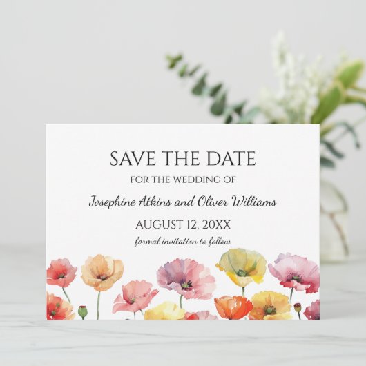 Kleurrijke papaver wilde bloemen bruiloft save the date (Staand voorkant)
