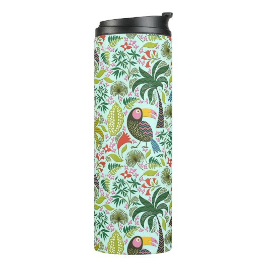 Kleurrijke papegaai en palmbomen en bloemen thermosbeker (Gedraaid links)