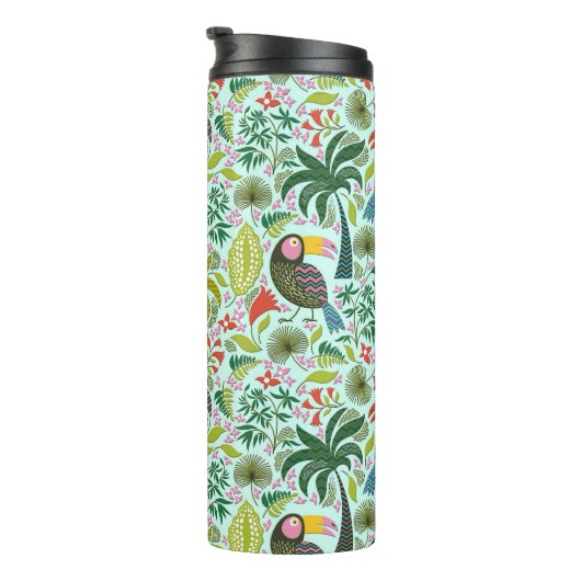 Kleurrijke papegaai en palmbomen en bloemen thermosbeker (Geroteerd rechts)