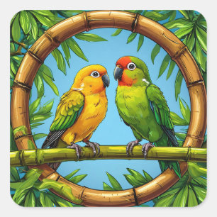 Kleurrijke Papegaaien Bamboe Tropische Kunst Vierkante Sticker