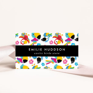 Kleurrijke papegaaien, bloemen, dierenwinkel, voge visitekaartje