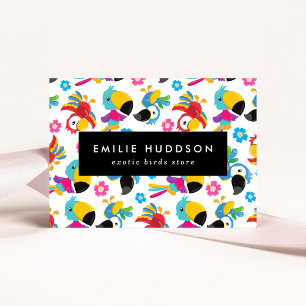 Kleurrijke papegaaien, bloemen, dierenwinkel, voge visitekaartje
