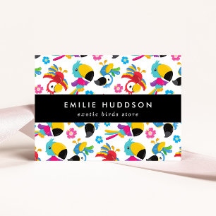 Kleurrijke papegaaien, bloemen, dierenwinkel, voge visitekaartje