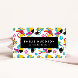 Kleurrijke papegaaien, bloemen, dierenwinkel, voge visitekaartje