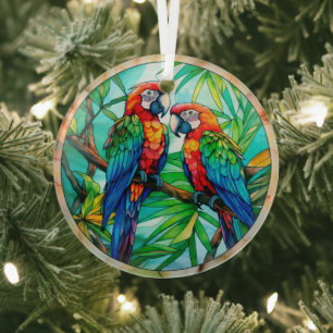 Kleurrijke papegaaien Glas in lood Ornament
